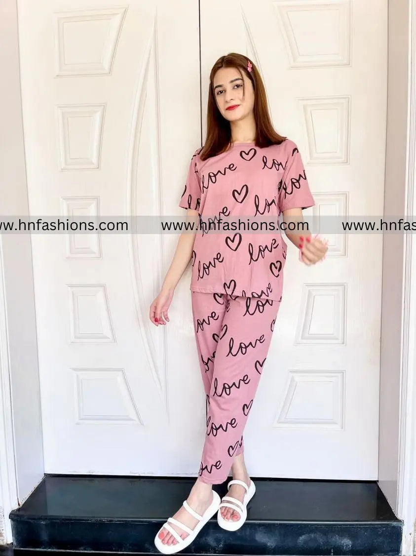 T-Pink Love Heart Printed Night Suit