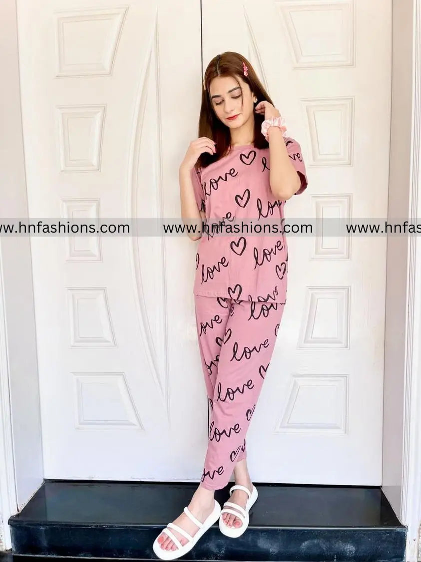 T-Pink Love Heart Printed Night Suit