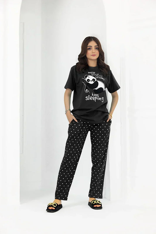 Black Never Give Up Printed Night Suit - Anika Fashions