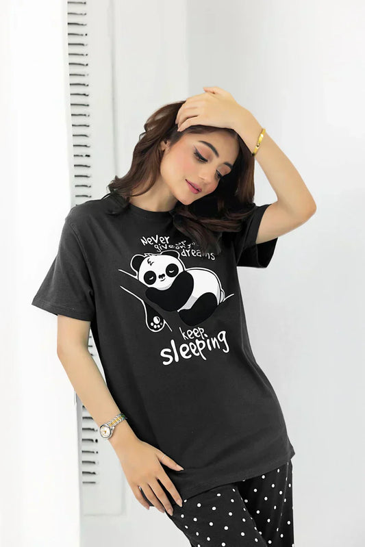 Black Never Give Up Printed Night Suit - Anika Fashions