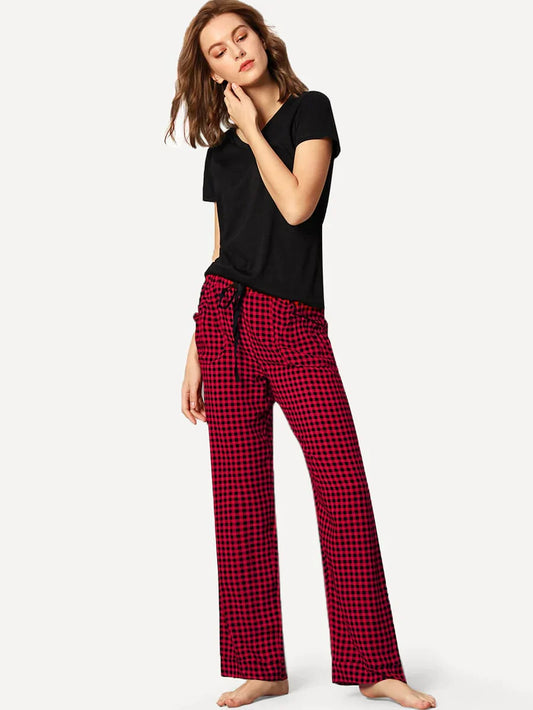 Black And Red Checkered Round Neck Pajama Night Suit