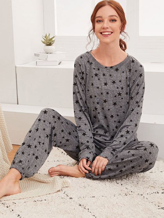 Charcoal Star Printed Night Suit - Anika Fashions