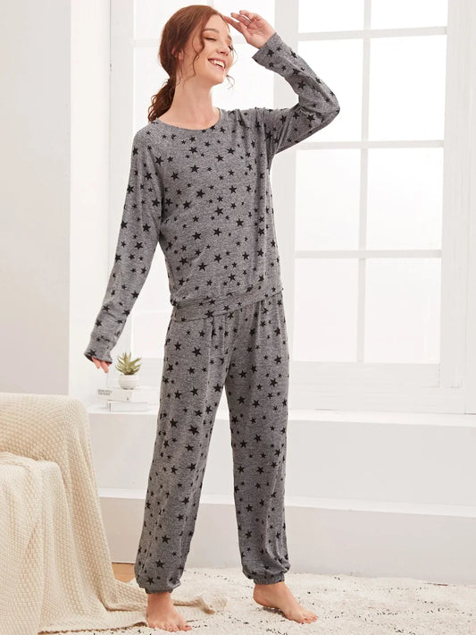 Charcoal Star Printed Night Suit - Anika Fashions