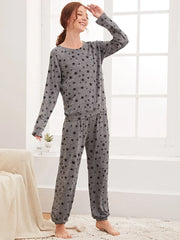 Charcoal Star Printed Night Suit - Anika Fashions