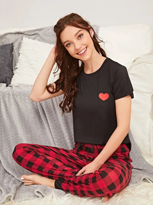 Checkered Pajama Heart Night Suit - Anika Fashions