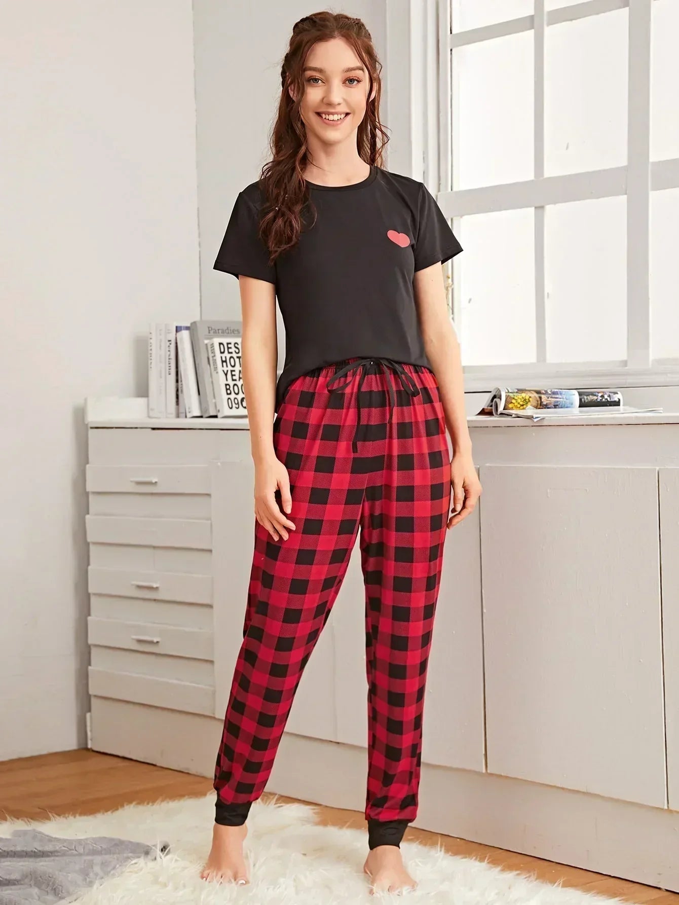 Checkered Pajama Heart Night Suit - Anika Fashions