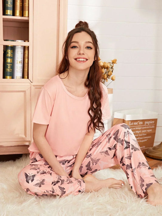 Baby Pink With Butterfly Printed Pajama Night Suit - Anika Fashions