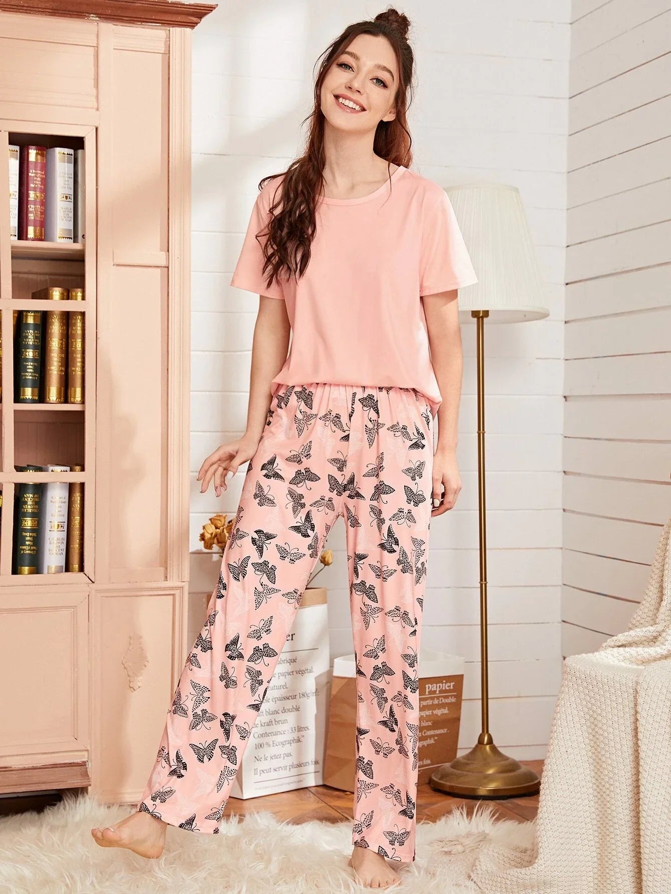 Baby Pink With Butterfly Printed Pajama Night Suit