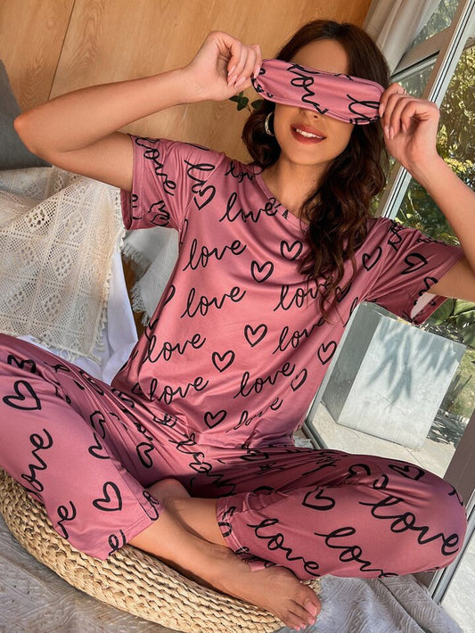 T-Pink Love Heart Printed Night Suit - Anika Fashions