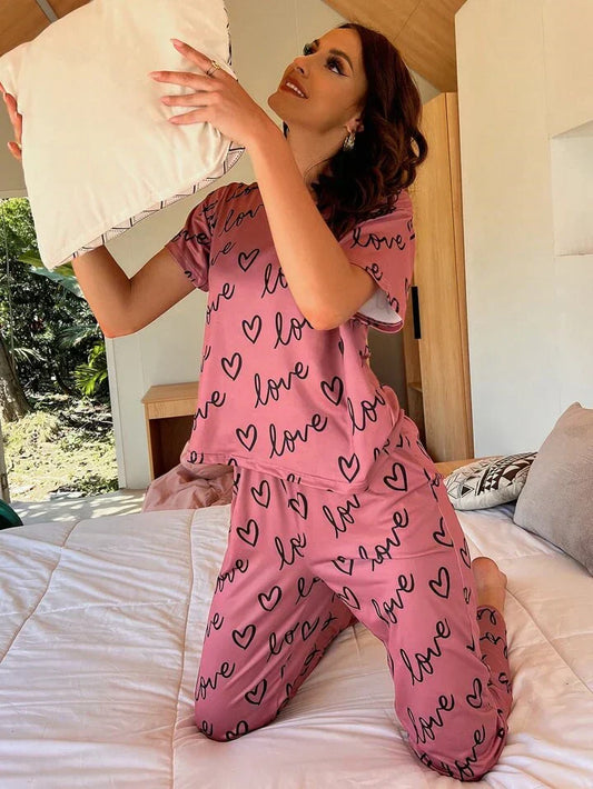 T-Pink Love Heart Printed Night Suit - Anika Fashions