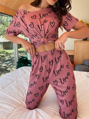 T-Pink Love Heart Printed Night Suit - Anika Fashions