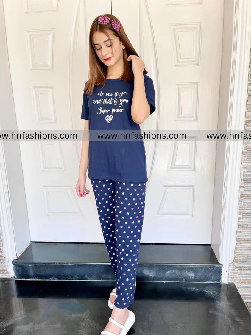 Blue Heart Printed Night Suit