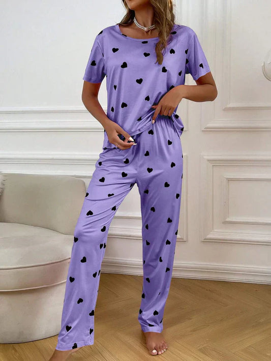 Puple with Black Tiny Hearts Printed Night Suit