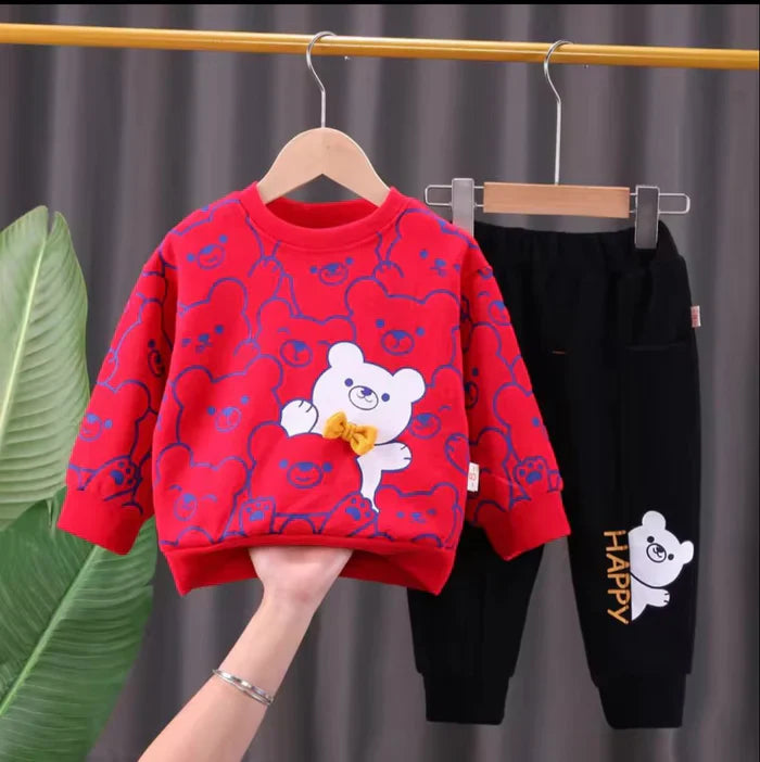 Red Bears Print Sweatshirt With Trouser For Kids (2 Piece)