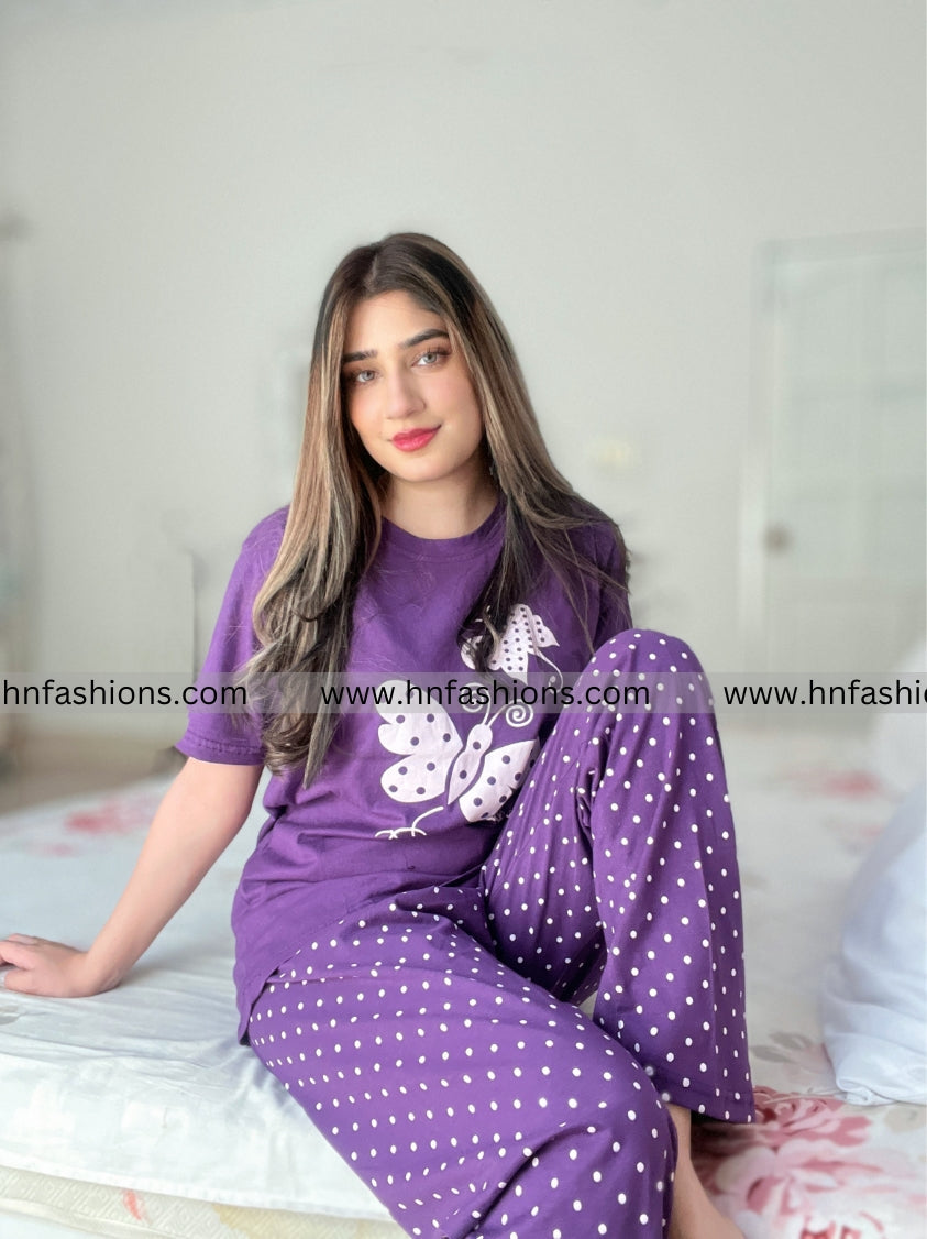 Purple Butterfly Printed  Night Suit