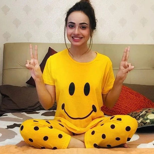 Yellow Smiley Printed  Night Suit - Anika Fashions