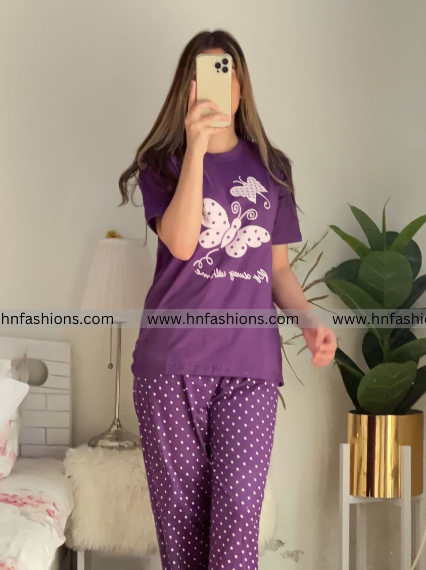 Purple Butterfly Printed  Night Suit