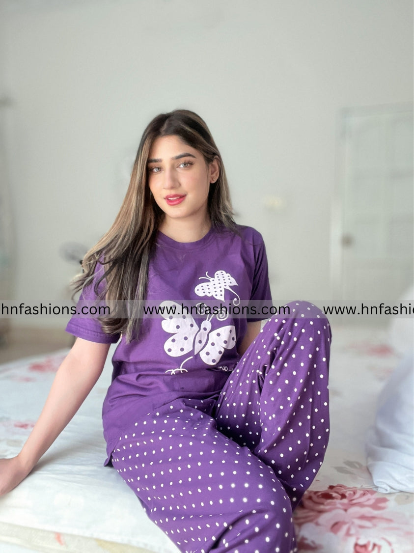 Purple Butterfly Printed  Night Suit