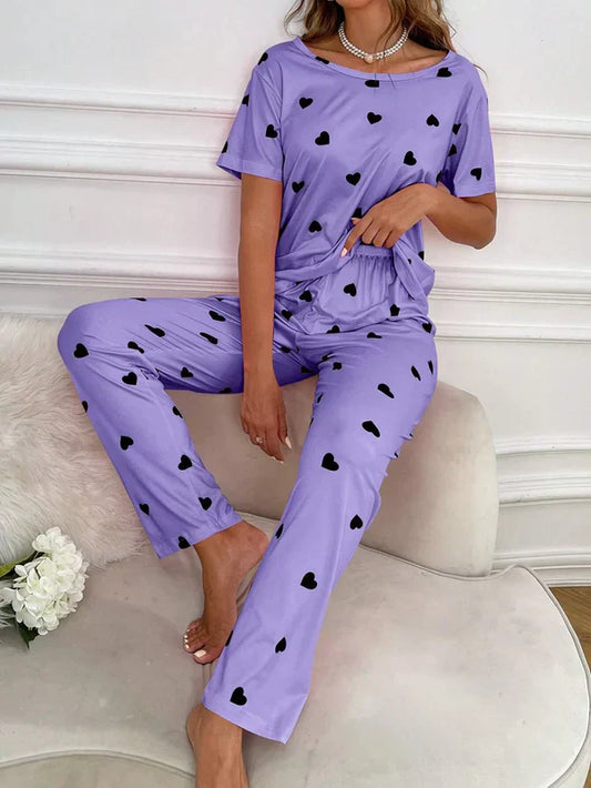 Puple with Black Tiny Hearts Printed Night Suit