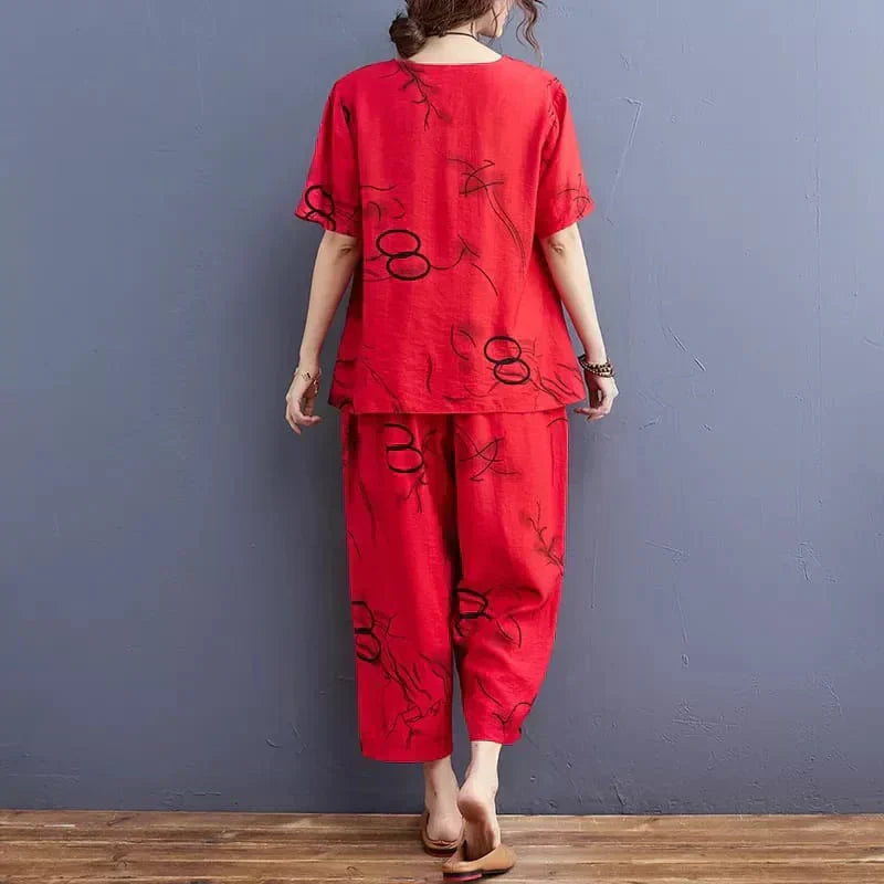 Red Ring Printed Capri Night Suit - Anika Fashions