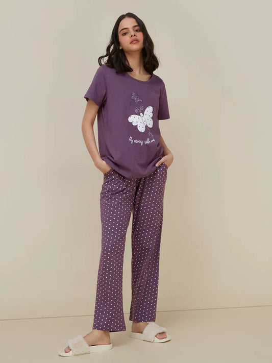 Purple Butterfly Printed  Night Suit - Anika Fashions