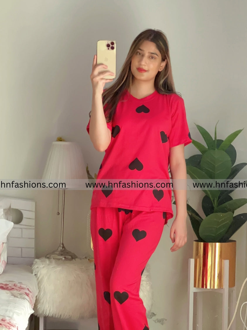 Black Multi Hearts Pink Printed  Night Suit