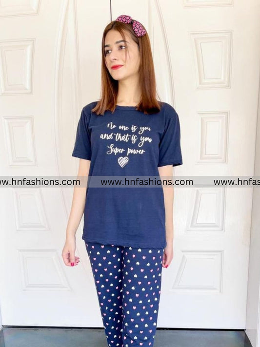 Blue Heart Printed Night Suit