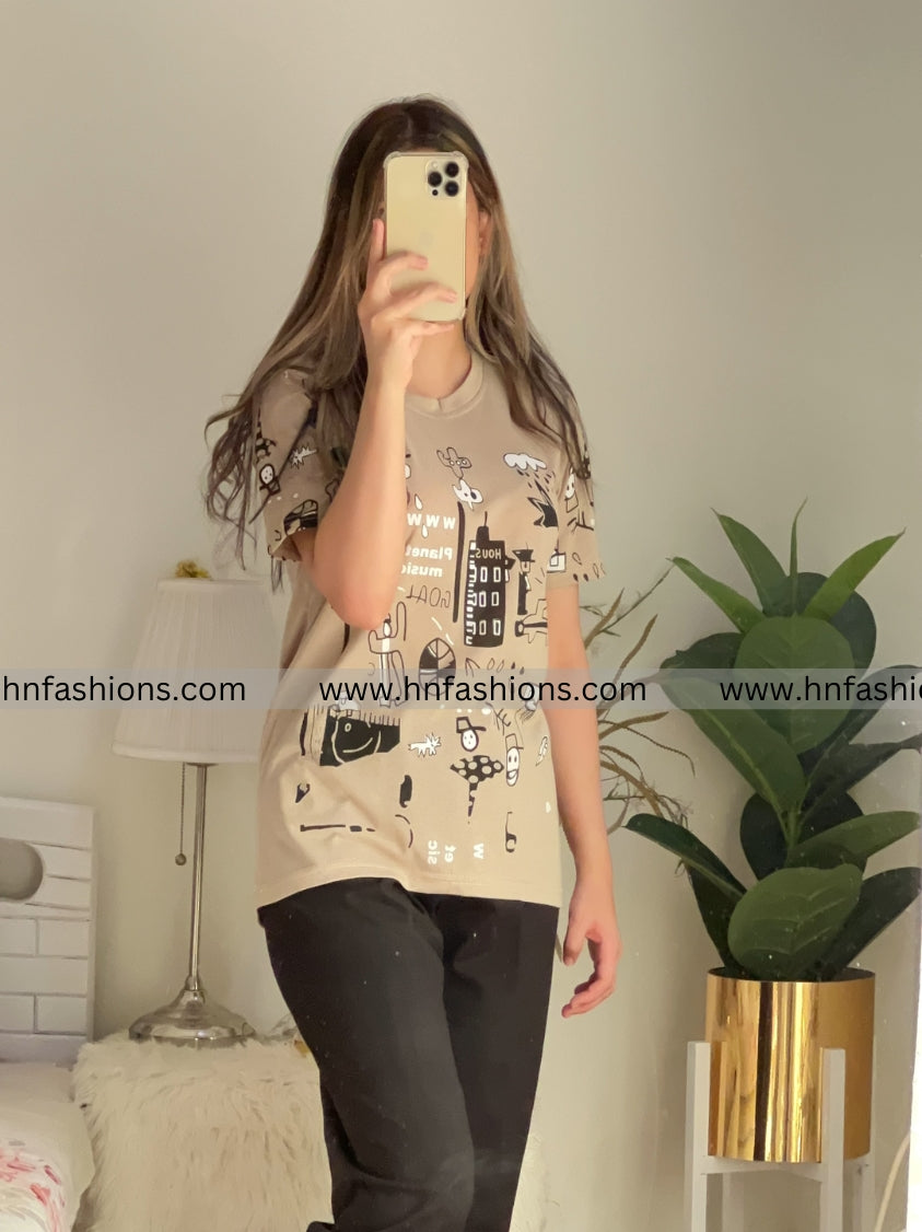 Planet Music With Black Pajama Printed Night Suit