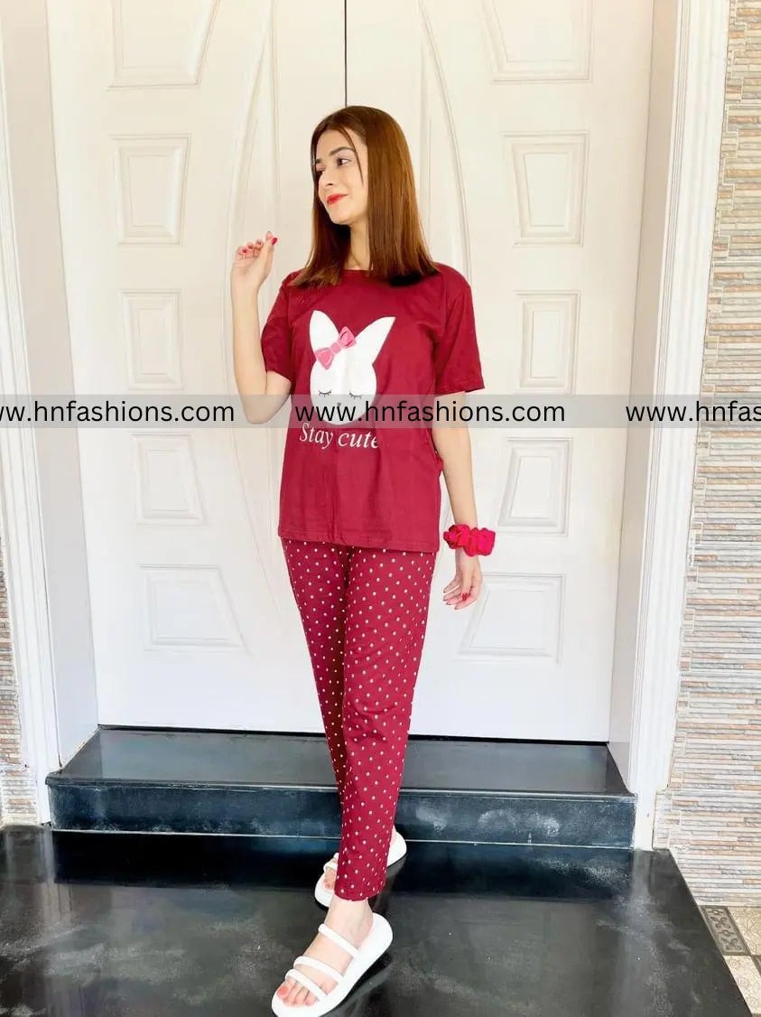 Maroon Stay Cute Printed Night Suit