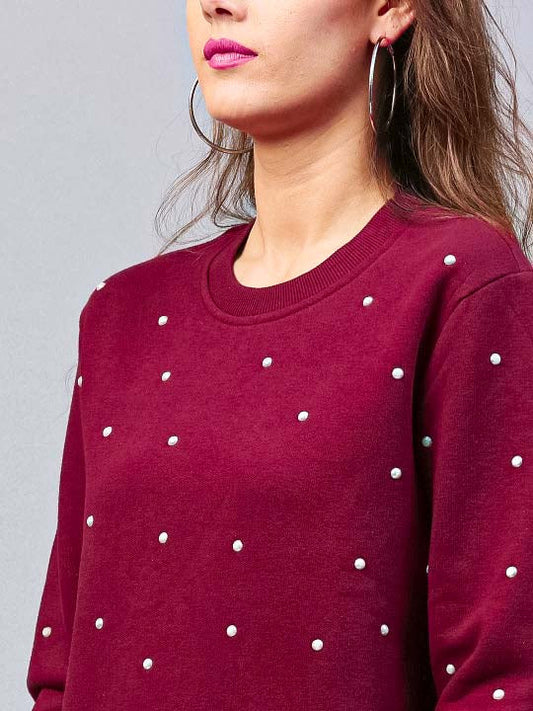 Maroon Pearls Beaded Sweatshirt For Women