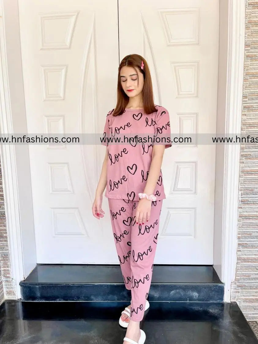 T-Pink Love Heart Printed Night Suit