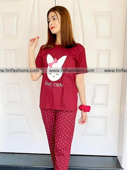 Maroon Stay Cute Printed Night Suit