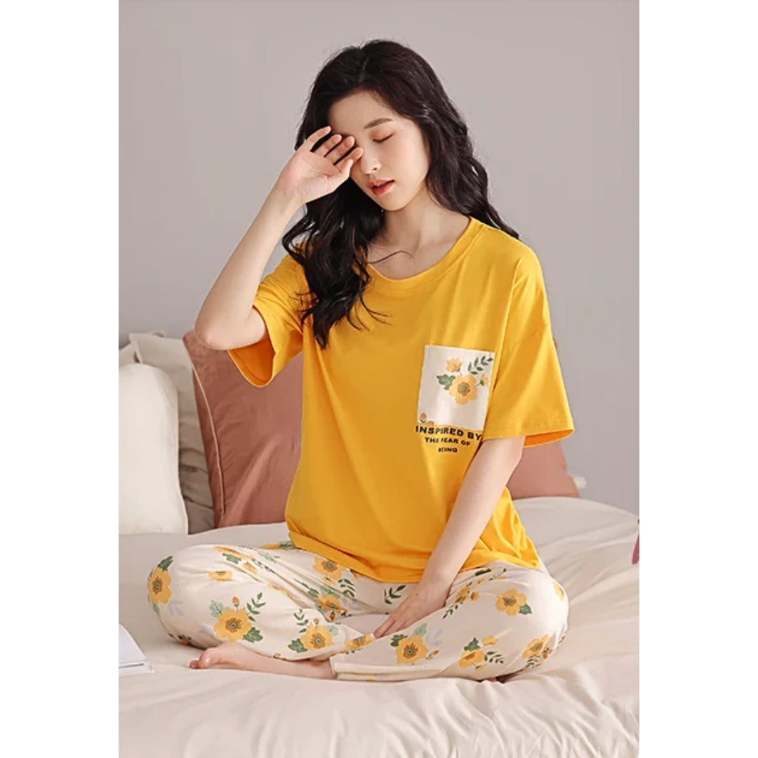 Mustard Pocket Printed Night Suit - Anika Fashions