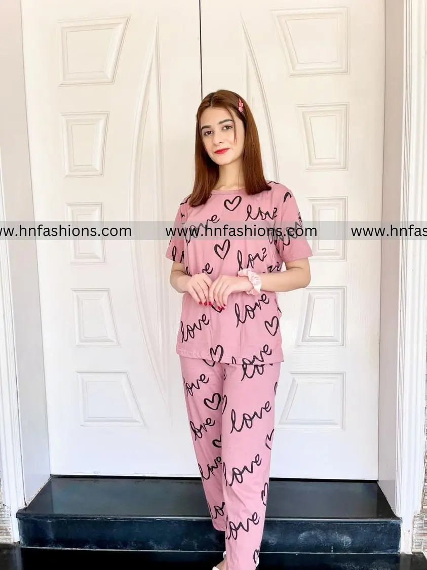 T-Pink Love Heart Printed Night Suit