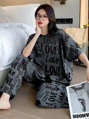 Charcoal Drop Shoulder Love Printed Night Suit - Anika Fashions
