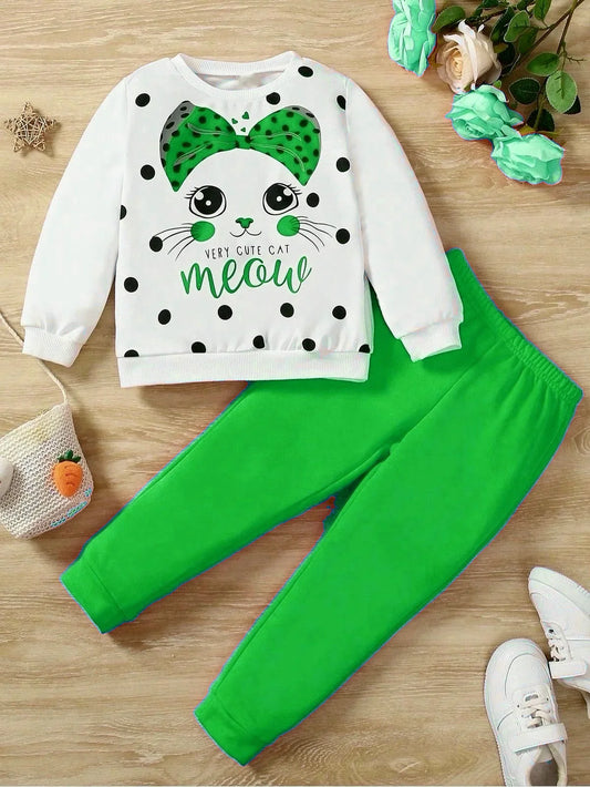 White Meow Printed Sweatshirt With Trouser For Kids