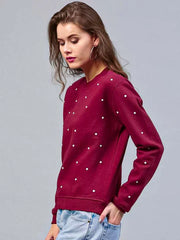 Maroon Pearls Beaded Sweatshirt For Women