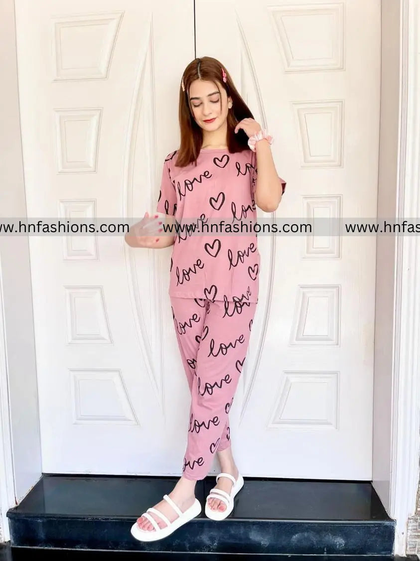 T-Pink Love Heart Printed Night Suit