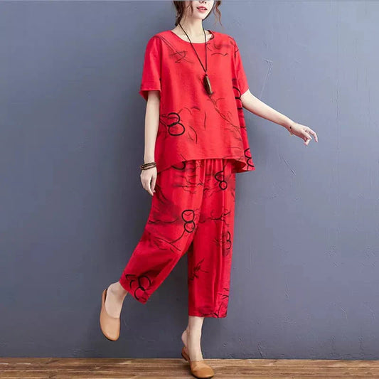 Red Ring Printed Capri Night Suit - Anika Fashions