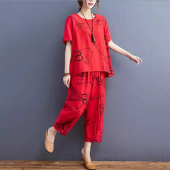 Red Ring Printed Capri Night Suit - Anika Fashions