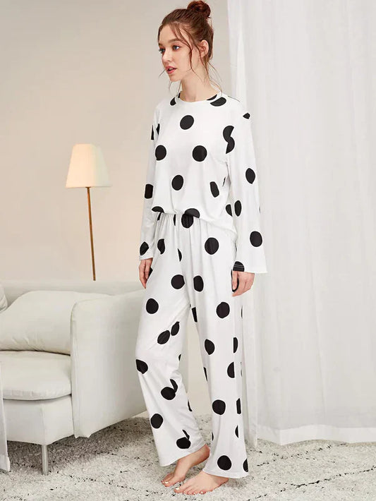 Black & White Doted Printed Night Suit - Anika Fashions