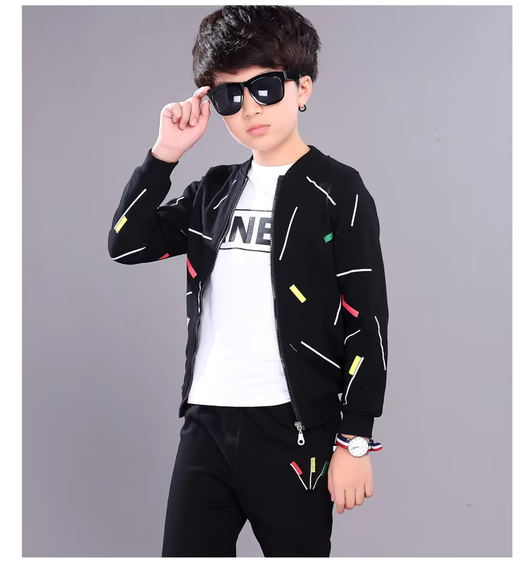 Kids Black Printed Zipper Jacket With Trouser (2 Piece)