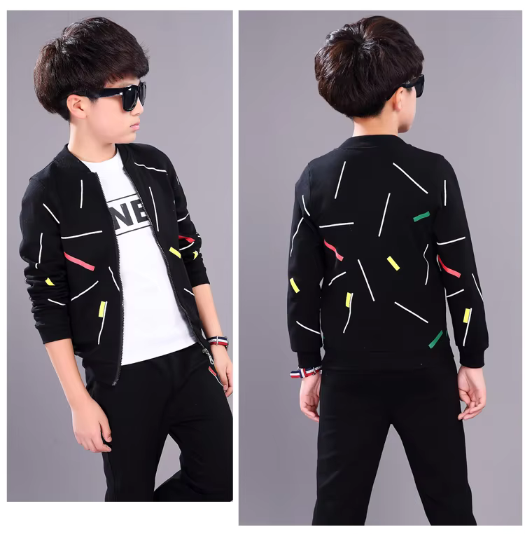 Kids Black Printed Zipper Jacket With Trouser (2 Piece)