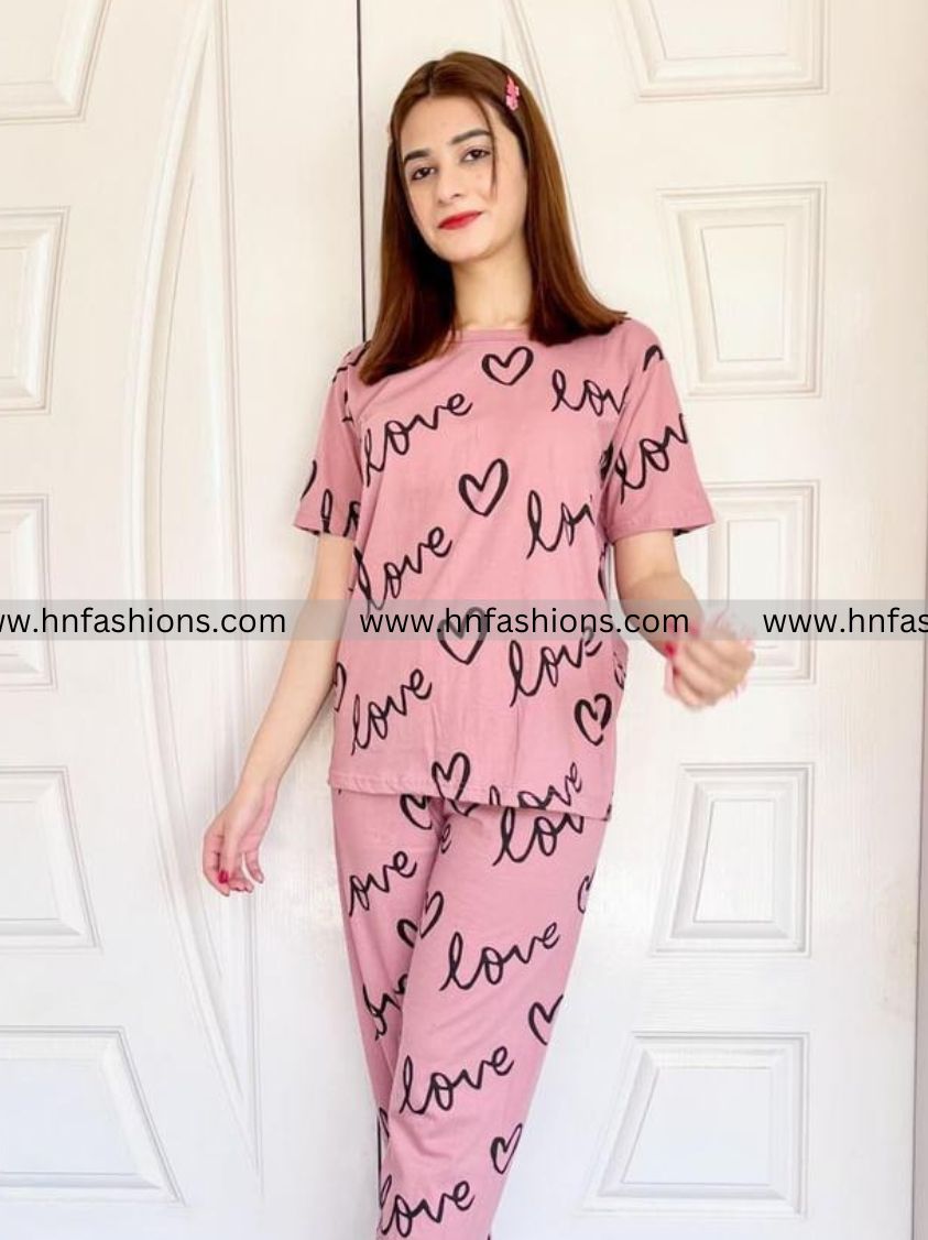 T-Pink Love Heart Printed Night Suit