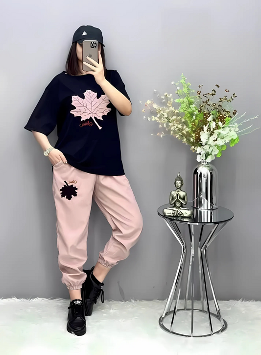 Pink Maple Leaf Printed Track Suit