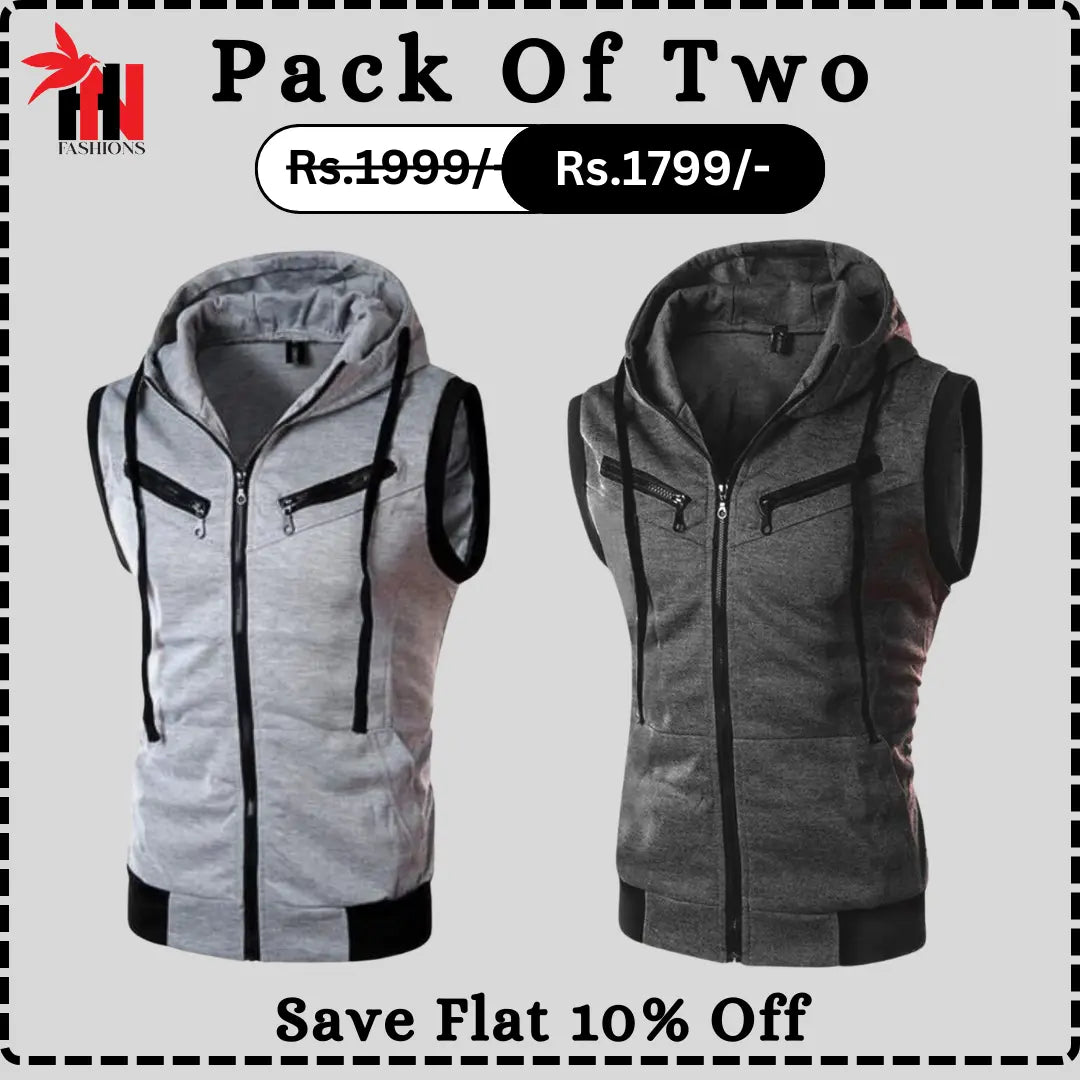 Grey With Charcoal Sleeveless Hooded Zipper Pack Of Two