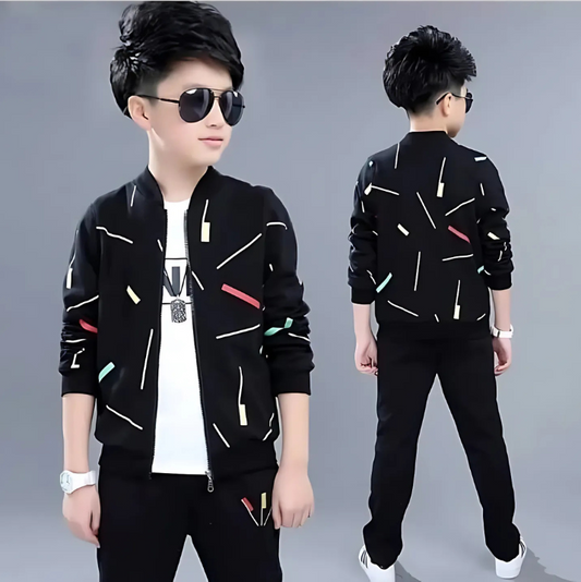 Kids Black Printed Zipper Jacket With Trouser (2 Piece)