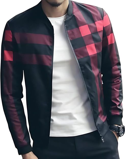 Red Checkered Printed Zipper Jacket