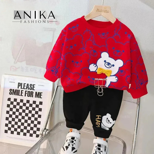 Red Bears Print Sweatshirt With Trouser For Kids (2 Piece)