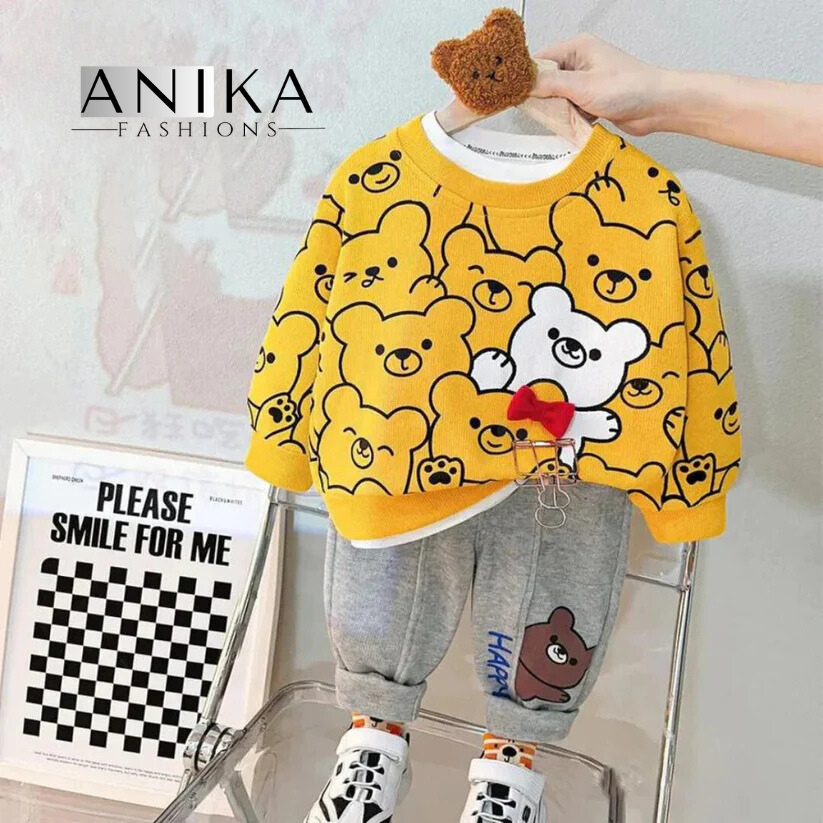 Yellow Bears Print Sweatshirt With Trouser For Kids (2 Piece)